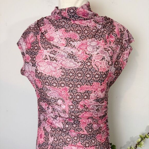 Anthropologie The Maya Ruched Cowl-Neck Mesh Midi Dress | Medium | Pink Floral P - Picture 4 of 10